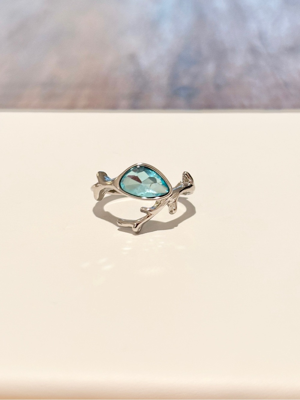 Silver Tone Branch Ring Blue Stone Statement Ring Size 8
